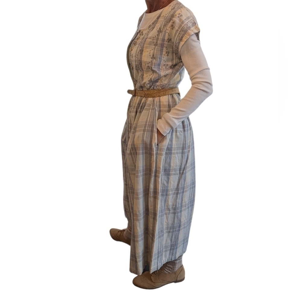 Vintage 90s Prairie Pinafore Cotton Plaid Embroidered Maxi Dress S - Picture 3 of 13